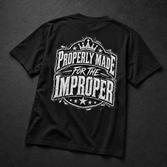 A black short-sleeve t-shirt laid flat on a dark textured background, showing a large distressed white graphic on the back with the text 'PROPERLY MADE FOR THE IMPROPER' and a crown motif.