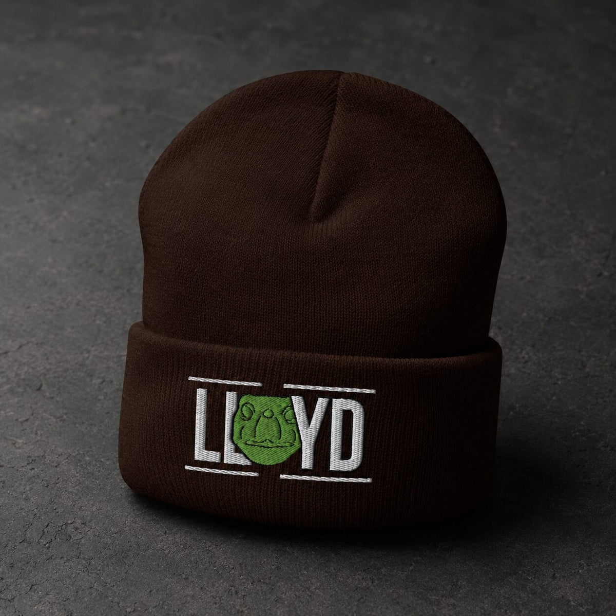 A dark brown knit beanie with a folded cuff, featuring an embroidered design that spells 'LLOYD' in white, with a green frog motif replacing the 'O'.