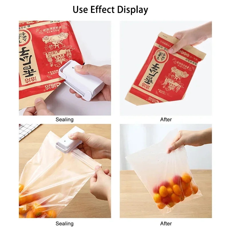 Demonstration of a sealing device on a red package and a clear bag with fruits, showing the 'Sealing' and 'After' effects.