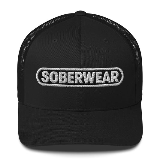 A black trucker-style cap with a curved brim and black mesh back, featuring a white embroidered 'SOBERWEAR' logo on the front, shown against a plain white background.