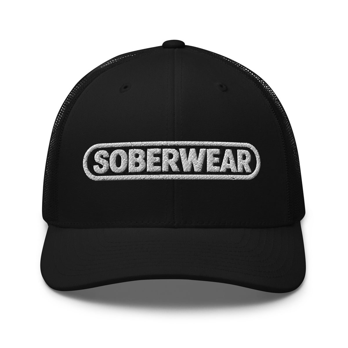 Black cap with 'SOBERWEAR' logo on a white background