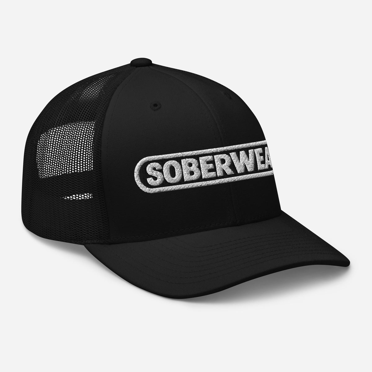 Black cap with 'SOBERWEAR’ text on a white background
