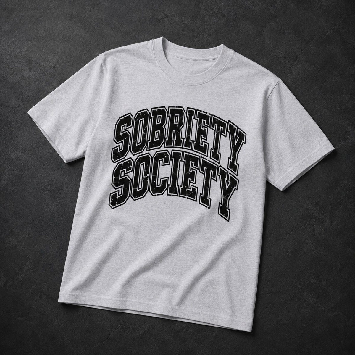A light heather gray short-sleeve t-shirt with 'SOBRIETY SOCIETY' printed in an arched black and white varsity-style font across the chest, displayed flat on a dark textured background.