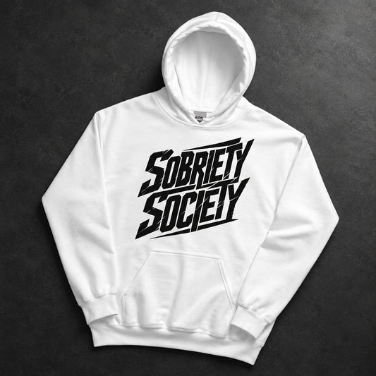 A white pullover hoodie with a bold black graphic reading 'Sobriety Society' across the chest, laid flat on a dark textured background.