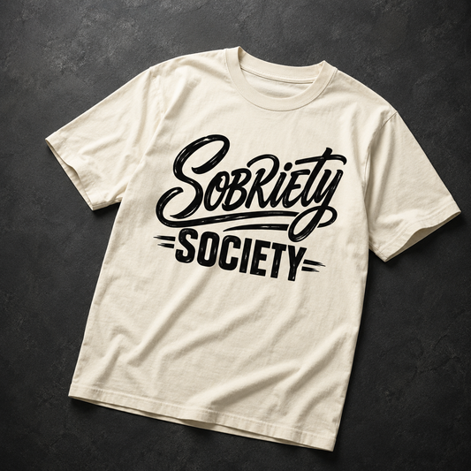An off-white crewneck t-shirt with a black graphic print reading 'Sobriety Society' in stylized lettering, laid flat on a dark textured background.