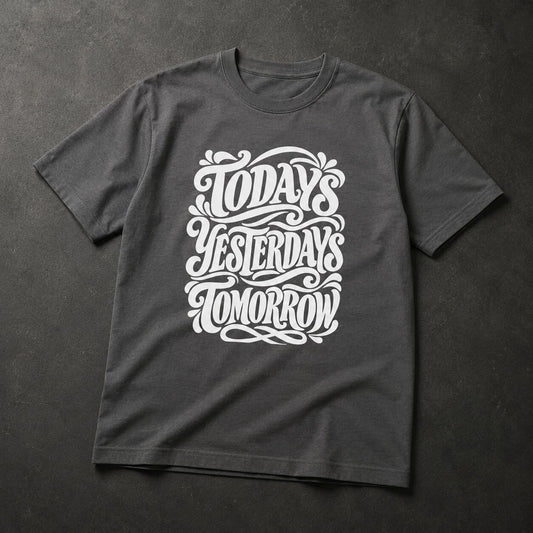 A dark charcoal gray t-shirt with a white graphic print reading 'TODAY'S YESTERDAYS TOMORROW' in an ornate, hand-lettered style, laid flat on a dark textured background.