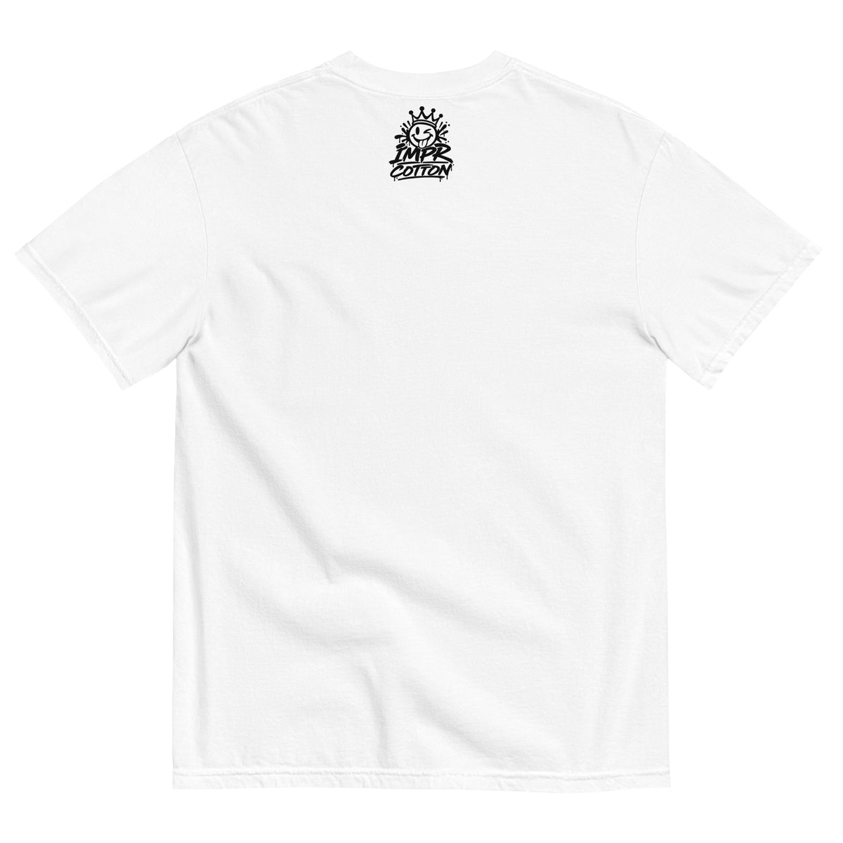 White short-sleeve t-shirt shown from the back, featuring a small black graphic logo printed on the upper center back. The logo contains a crown-like emblem above stylized text reading 'IMPRCotton'.